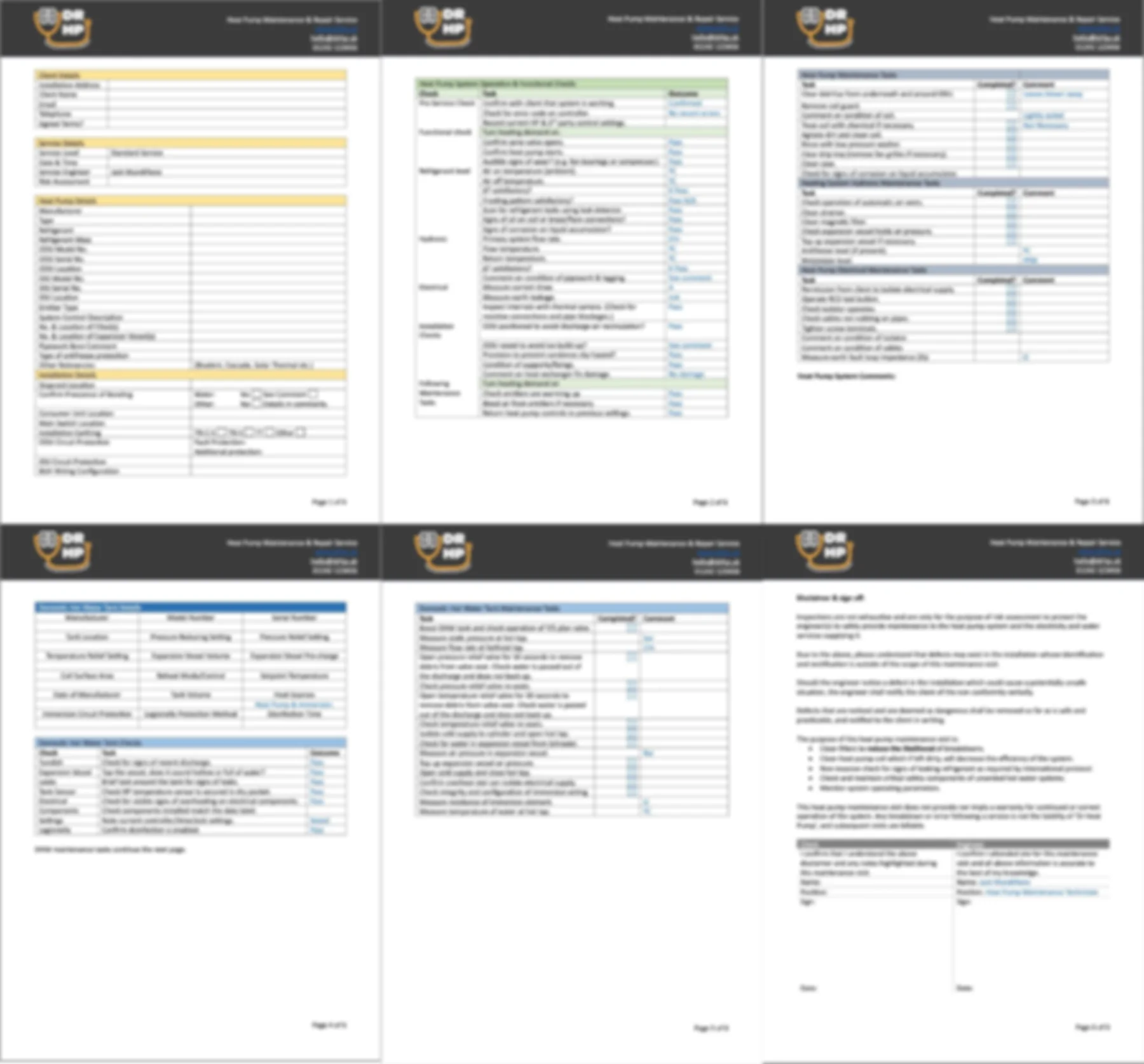 Example Dr Heat Pump service worksheet